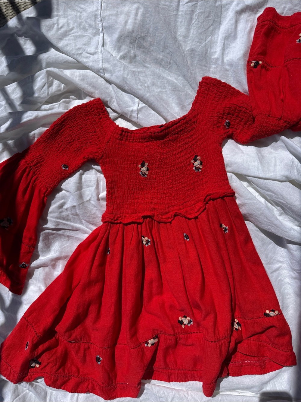 Girls Red Smocked Long-Sleeve Dress